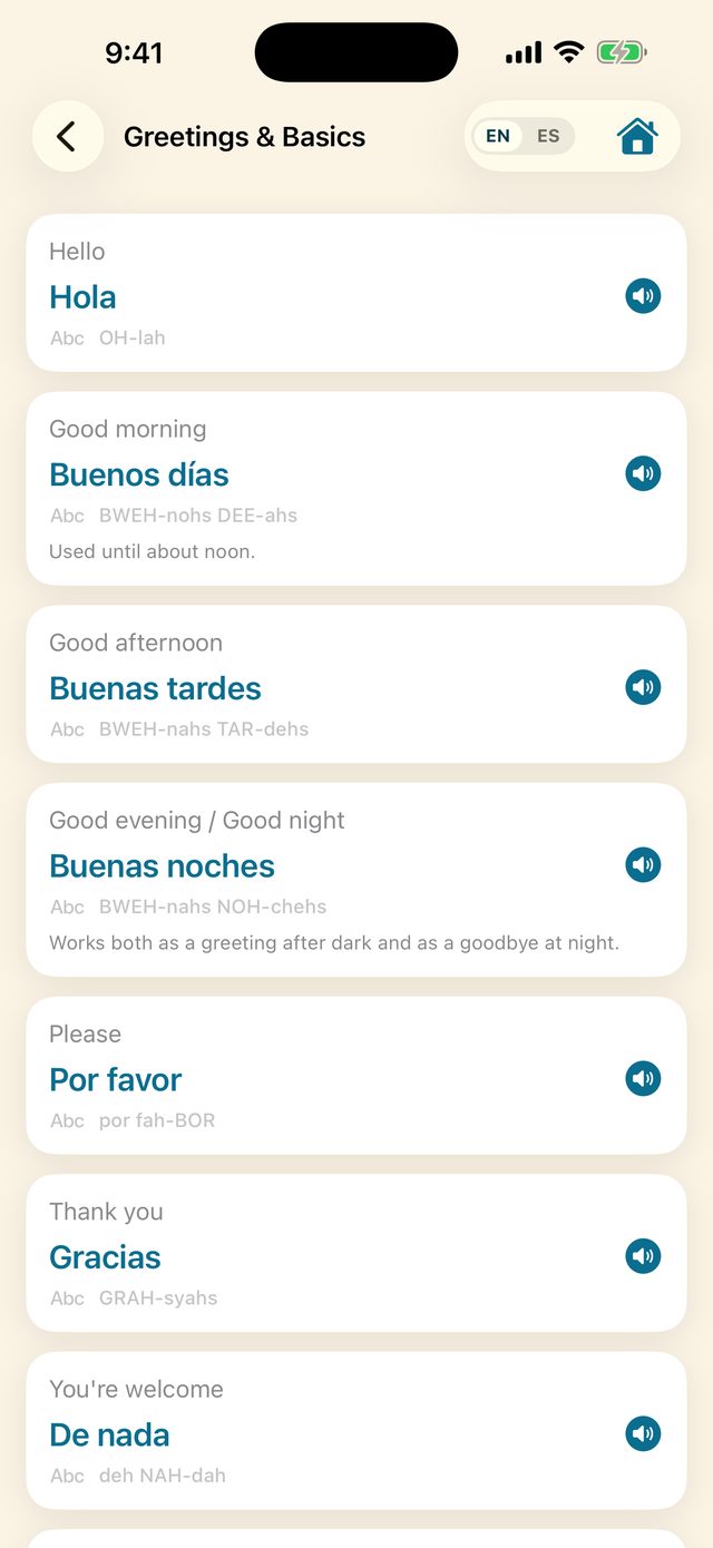 Quick Spanish — phrases with pronunciation and a speak button